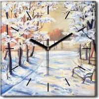 Coloray Uhr auf Leinwand 30x30 cm Wand Uhr Dekoration Wohnzimmer Segeltuch schwarze Hände -Schneebäume Bank