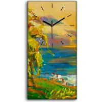 Coloray Wandbild Leinwand Bilder mit Uhr 30x60 Gemälde Wiese Wald Himmel Sonnenuntergang - schwarze Hände
