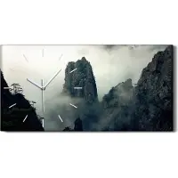 Coloray Wohnzimmer-Bild Leinwand Uhr 60x30 Malerei Berge Nebel Bäume Wolken Kunst - weiße Hände
