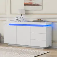 OKWISH Sideboard Schrank Modern Wohnzimmer Beistellschrank Standschrank Kommode Highboard Anrichte Möbel 2 Türen 3 Schubladen Hochglanz Sideboard mit LED Licht Grifflose 140x35x72.5cm - Weiß