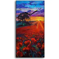 Coloray Wohnzimmer-Bild Leinwand Uhr Geräuschlos 30x60 Wiesen Landschaft Mohn Felder - schwarze Hände