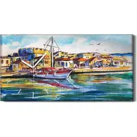 Coloray Küche Wohnzimmer Wand Leinwand Uhr 60x30 Bild Landschaft mit Boot im Hafen - weiße Hände