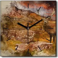 Coloray Uhr auf Leinwand 30x30 cm Wand Uhr Dekoration Wohnzimmer Segeltuch schwarze Hände -Hirschsonnenuntergang
