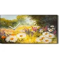 Coloray Wandbild Leinwand Bilder mit Uhr 60x30 Bunte Malerei Feld der Gänseblümchen - weiße Hände