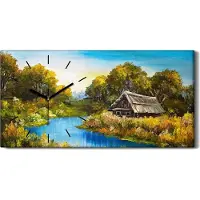 Coloray Dekor Leinwand Uhr Wandbilder 60x30 Malerei Wald Bäume Fluss Himmel Hütte - schwarze Hände