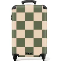 NoBoringSuitcases.com Hartschalen Handgepäck Koffer 55x35x20 cm, 36L, Druck für Männer: Grün mit beigem Schachbrettmuster, Reisekoffer mit 4 Rollen