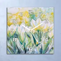 Coloray Deko Glasuhr Wanduhr 30x30 Bemalte weiße Tulpen Quarz Küchenuhr Bürouhr