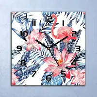 Coloray Wanduhr Echt-Glas-Küchenuhr Flamingos Palmblätter Blumen 30x30 Deko Bilder