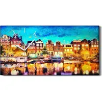 Coloray Leinwand Wanduhr Wandkunst Uhr Quarz 60x30 Himmel bunte Amsterdam Kanal Häuser - weiße Hände