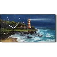 Coloray Dekor Leinwand Uhr Wandbilder 60x30 Gemälde Küste Ozean Wellen Leuchtturm - weiße Hände