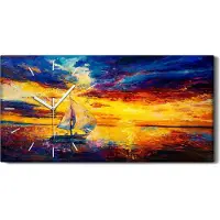 Coloray Wandbild Leinwand Bilder Wanduhr Geräuschlos 60x30 Malerei Boote Segel Wasser - weiße Hände
