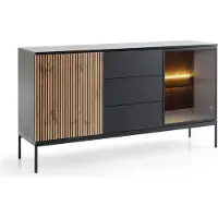 Emporius Furniture Sideboard mit Schubladen Haller - Kommode 154 cm mit Holzbeinen - 2 Türen, Lamellen, LED-Beleuchtung - Loft Stil (Wotan Eiche / Schwarz)