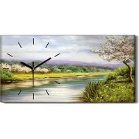Coloray Wanduhr Bürouhr Leinwand Bild 60x30 Malerei Bäume Fluss Blumen Landschaft Natur - schwarze Hände