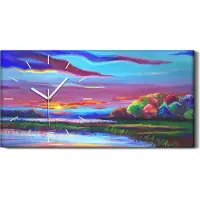 Coloray Wanduhr Leinwand Bild Uhr Geräuschlos 60x30 Fantasie Landschaft bunte Malerei - weiße Hände