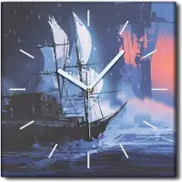 Coloray Uhr auf Leinwand 30x30 cm Wand Uhr Dekoration Wohnzimmer Segeltuch weiße Zeiger -Schiff Wellen Ozean.