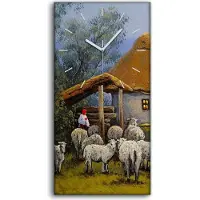 Coloray Wanduhr Bürouhr Leinwand Bild Geräuschlos 30x60 Schafe Land Tier Hütte Windmühle - weiße Hände