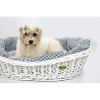 DOTTY Weiß gebleichter Weidenkorb für Hunde Wikikorb mit Baumwoll-Hundebett – Marineblau mit Karo –