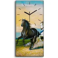Coloray Küche Wohnzimmer Wand Leinwand Uhr 30x60 Kunst bunte Sieben Laufpferde modern - schwarze Hände