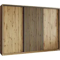 Masseno Schiebetürenschrank VONTE 270/205/60 cm Kleiderschrank mit Lamellen und Schubladen Schlafzimmer Schrank 3-türig Eiche Artisan + Schwarz