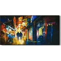 Coloray Wohnzimmer-Bild Leinwand Uhr Quarz 60x30 Gehendes Paar Gasse Bunten Lichtern - weiße Hände