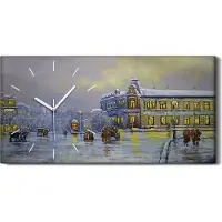 Coloray Wanduhr Uhr Wandbild Leinwand 60x30 Malerei Dorfbewohner Winter Schnee Lichter - weiße Hände