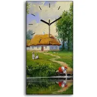 Coloray Wandbild Leinwand Bilder mit Uhr 30x60 Dorfbewohner Hütten Bäume Wasser - schwarze Hände