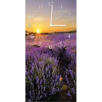 Wallario Design Wanduhr Sonnenuntergang über dem Lavendel aus Echtglas, Größe 30 x 60 cm