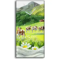 Coloray Wandbild Leinwand Bilder mit Uhr Quarz 30x60 Kühe in einer Wiese und Milchwelle - weiße Hände