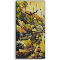 Coloray Wanduhr Bürouhr Leinwand Bild 30x60 Gemälde Fluss Boote Dorf Bäume Himmel - schwarze Hände