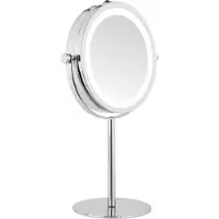 DEUSENFELD SL7CB - Batterie LED Doppel Stand Kosmetikspiegel, 7x Vergrößerung + Normalspiegel, Ø17,5cm, 360° horizontal schwenkbar, 35 SMD Tageslicht LEDs, hochglanz verchromt