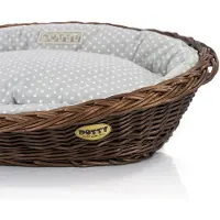 DOTTY Handgebeizter brauner Weidenkorb Wikikorb mit Baumwoll-Hundebett Grau mit weißen Punkten Polka Dots, Waschbar & Weich