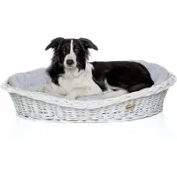 DOTTY Weiß gebleichter Weidenkorb für Hunde Wikikorb mit Baumwoll-Hundebett – Beige mit Karo –