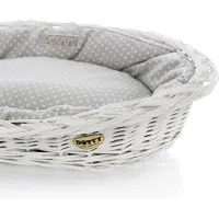 DOTTY Weiß gebleichter Weidenkorb für Hunde Wikikorb mit Baumwoll-Hundebett – Grau mit weißen Punkten Polka Dots –