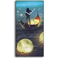 Coloray Wandbild Leinwand Bilder Wanduhr Quarz 30x60 Malerei Nacht Wasser Boot Monde - weiße Hände