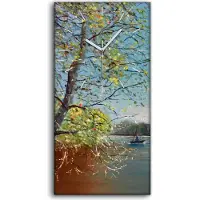 Coloray Wohnzimmer-Bild Leinwand Uhr Geräuschlos 30x60 Ölgemälde Boot Wasser Fluss Bäume - weiße Hände