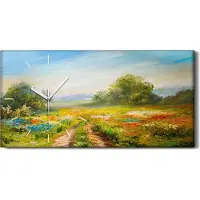 Coloray Wandbild Leinwand Bilder mit Uhr 60x30 Wiese Blume Bäume Landschafts Himmel - weiße Hände