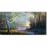 Coloray Wanduhr Uhr Wandbild Leinwand 60x30 Malerei Wald Bäume Fluss Brücke Natur - weiße Hände