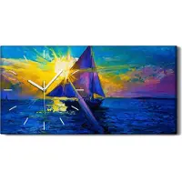 Coloray Wanduhr Bürouhr Leinwand Bild Quarz 60x30 segel Schiff Sonnenaufgang farbenfroh - weiße Hände