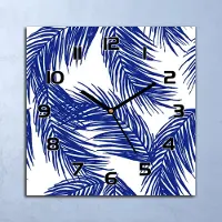 Coloray Wanduhr Echt-Glas-Küchenuhr Blaue Palmblätter Quarz Lautlos 30x30 Deko Bilder