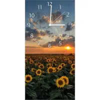 Wallario Design Wanduhr bedruckt, Größe 30 x 60 cm, Motiv: Sonnenblumenwiese vor Wolken mit Sonnenuntergang