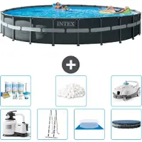 Intex Round Ultra XTR Frame Swimming Pool – 732 x 132 cm – inklusive Pumpe – Leiter – Bodenplane – Abdeckung Wartungspaket - Filterbälle - Staubsauger