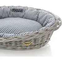 DOTTY Handbemalter grauer Weidenkorb Wikikorb mit Baumwoll-Hundebett – Marineblau mit Karo – Waschbar & Weich –