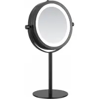 DEUSENFELD SL7BB - Batterie LED Doppel Stand Kosmetikspiegel, 7x Vergrößerung + Normalspiegel, Ø17,5cm, 360° horizontal schwenkbar, 35 SMD Tageslicht LEDs, matt schwarz