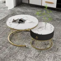MODFU Couchtisch Wohnzimmertisch Rund 2er Set mit Schwarz Schubladen für Wohnzimmer, Schlafzimmer Balkon, Beistelltisch Satztisch mit goldem Metallrahmen, Marmoroptik