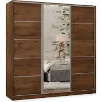Masseno Schiebetürenschrank PINA 200/205/58 cm Kleiderschrank mit 4 Schubladen Schlafzimmer Schrank 3-türig mit Spiegel Eiche Lefkas