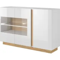Furniture24 Kommode Arco E, Weiß/Grandson Eiche, 3 Türen (2x verglast), Glasboden, Beleuchtung, Soft-Close, 90,5x138x40 cm