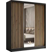Masseno Schiebetürenschrank LAMELLO 180 cm Kleiderschrank Schlafzimmer Schrank 3-türig mit Spiegel und Lamellen Schwarz