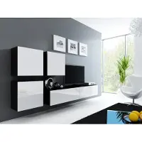 Furniture24 Wohnwand VIGO 23, Desing Mediawand, Modernes Anbauwand mit 3 Türen und 2 Klaptüren, Hängeschrank Tv Lowboard Schwarz / Weiß Hochglanz