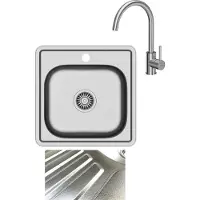 VBChome Einbauspüle mit Armatur 48x48 Leinenstruktur ab 45er Unterschrank Edelstahl Küchenspüle Spüle Ablagefläche Abtropffläche eckiges Camping Ablaufgarnitur Siphon Wasserhahn Inox Edelstahl