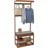 Relaxdays Garderobenständer, Sitzbank, 2 Schuhablagen, 10 Haken, HBT: 175x70x33 cm, Walnussoptik, Kleiderständer, braun